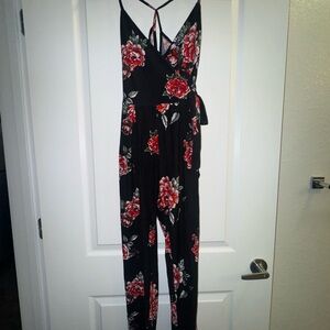 Derek Heart Black Jumpsuit with Red Floral Design